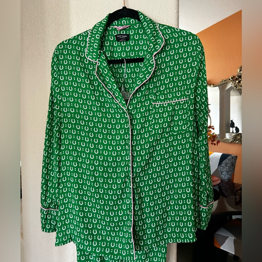 Kate Spade Charming Allover Print Green Pajama Set Elastic Waist Women Size M/M - Picture 9 of 16